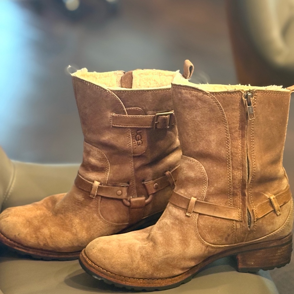 UGG Women's Brown Leather Winter Moto Boots